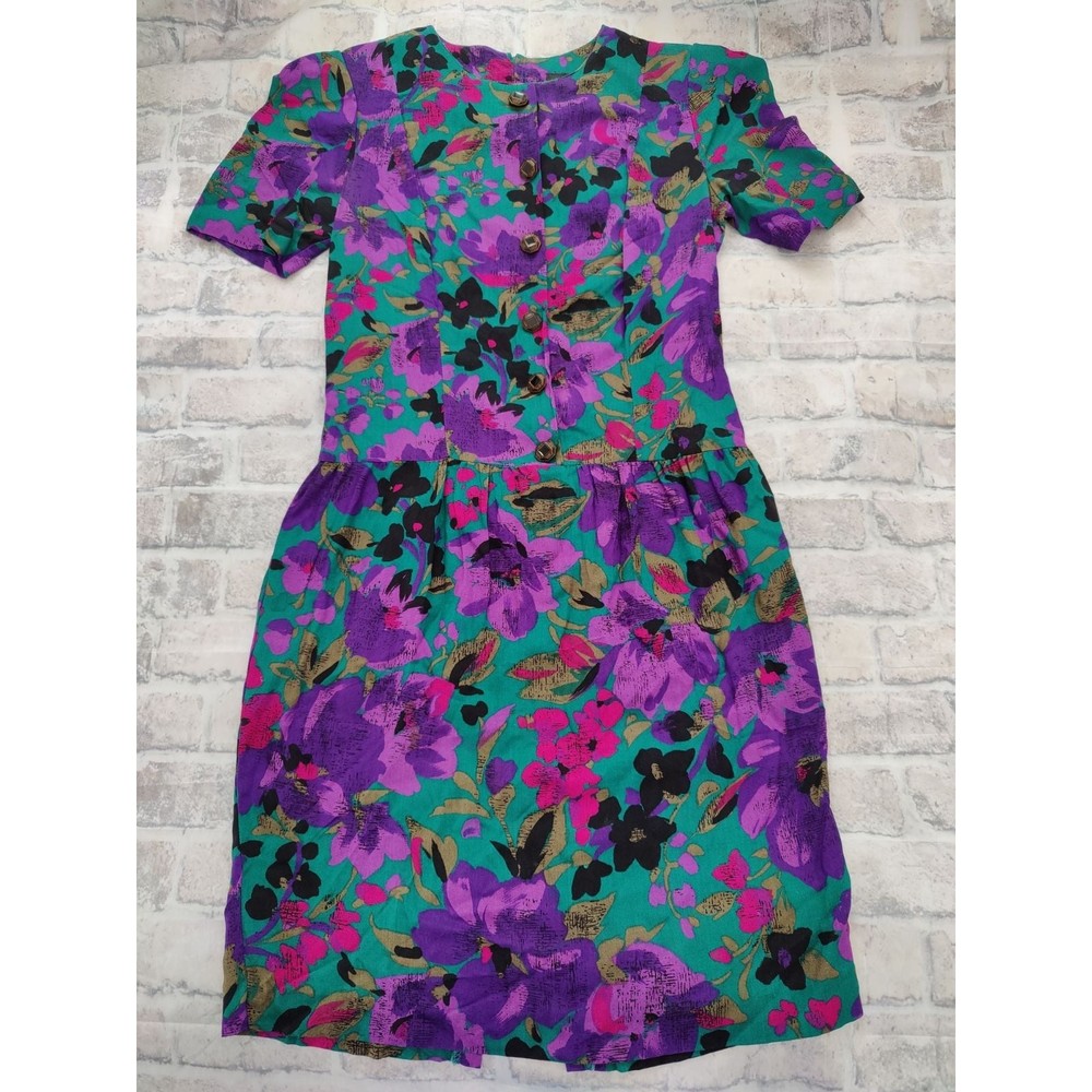 Vintage RGY Floral Drop Waist Dress Size 6 Petite Purple Green Rayon Dress